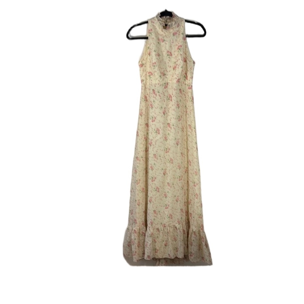 Cream Floral Maxi Dress Cottagecore Romantic Tiered Ruffle Hem Sleeveless - Picture 2 of 5